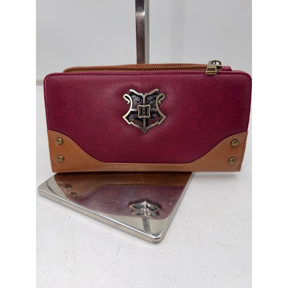 Harry Potter Hogwarts Crest Long Wallet Burgundy Tan Faux Leather Bifold Zip